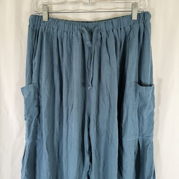 Tarse Pants Women's Medium Green Pull On Drawstring Cargo Pockets Linen - Picture 2 of 12